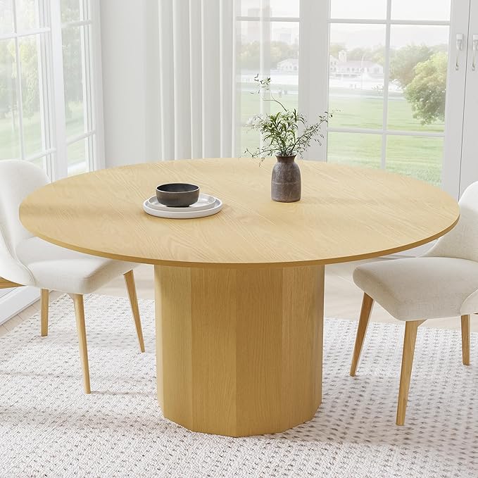 Casaphoria 60" Round Dining Table, Modern Wood Kitchen Table with Cylinder Polygonal Base for Living Room & Dining Room, Easy Assembly Farmhouse Furniture for 4-6, Oak