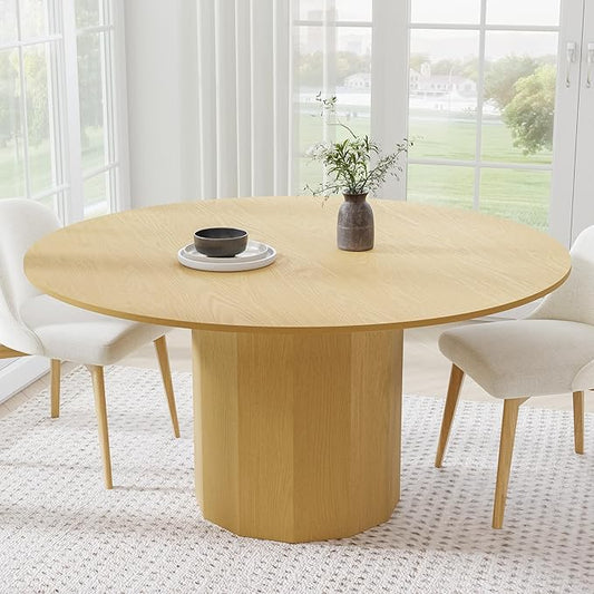 Casaphoria 60" Round Dining Table, Modern Wood Kitchen Table with Cylinder Polygonal Base for Living Room & Dining Room, Easy Assembly Farmhouse Furniture for 4-6, Oak