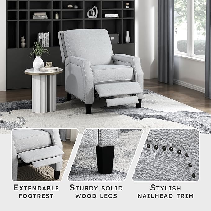 Lexicon Push Back Recliner Chair, Reclining Sofa Armchair, Modern Recliner Sofa Chair with Footrest, Chenille Fabric Recliner Arm Chair, Single Sofa Accent Chair for Living Room/Office/Apartment, Grey