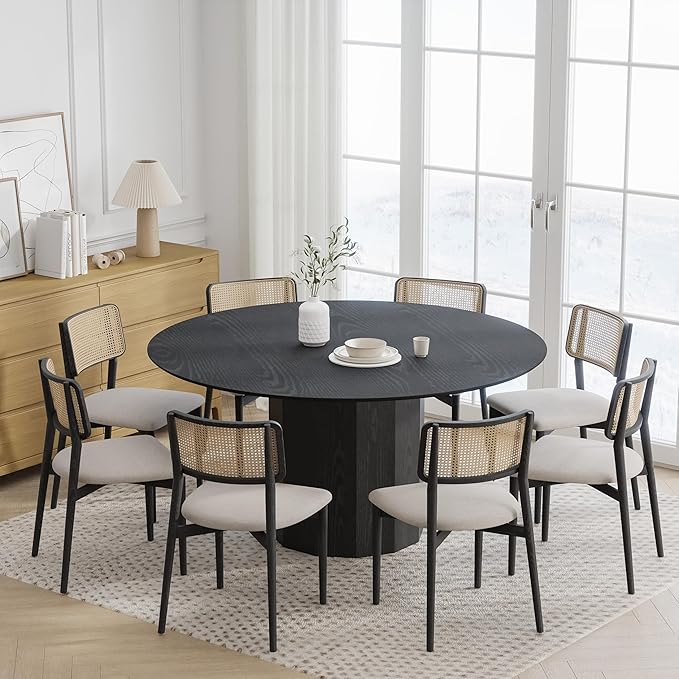 Casaphoria 60" Round Dining Table, Modern Wood Kitchen Table with Cylinder Polygonal Base for Living Room & Dining Room, Easy Assembly Farmhouse Furniture for 4-6, Black