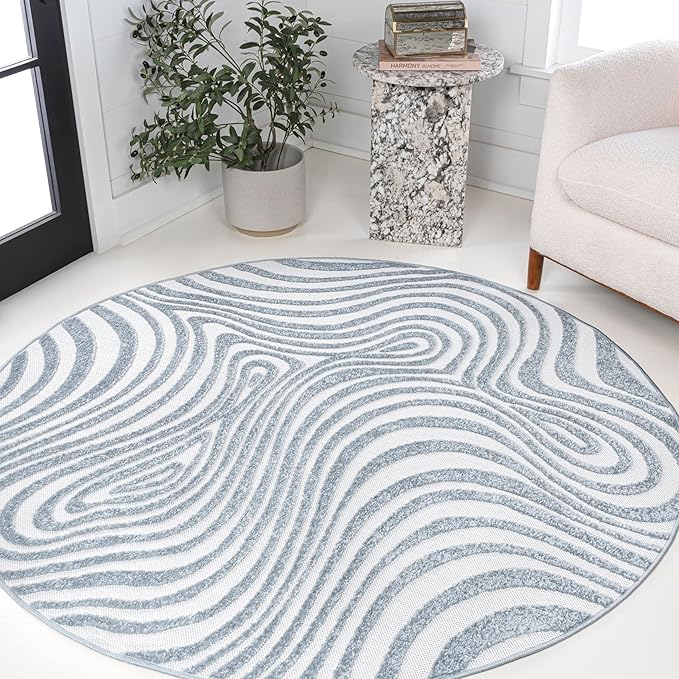 JONATHAN Y Maribo High-Low Abstract Striped Light Blue/Ivory 6' Round Indoor/Outdoor Area Rug, Pet Friendly, Non-Shedding, Stain Resistant, Easy-Cleaning for Backyard, Patio, Porch (SCN103C-6R)