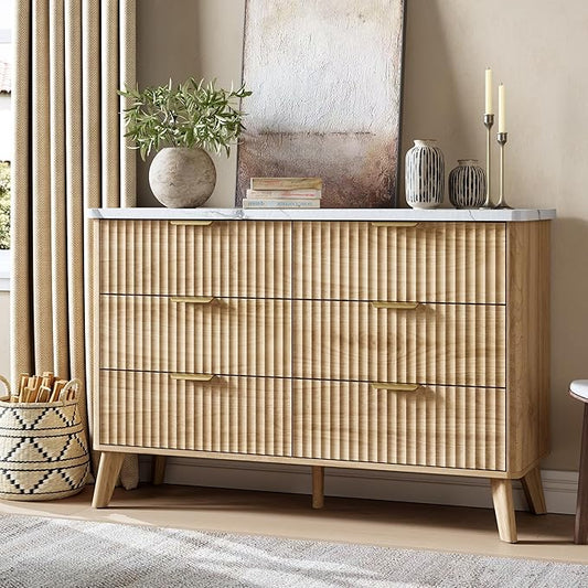 Garvee 6 Drawers Dresser for Bedroom, 47.2" Wide Dressers with Curved Profile Design, Fluted Wood Drawers with Gold Handle, Modern Chest of Dressers with Thickened Design for Living Room, Natural