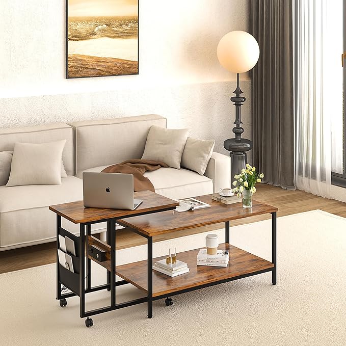 VECELO Coffee Table Set of 2 - Adjustable Height with USB Ports & Wheels, 31.5" and 20" Side and End Tables for Living Room, Bedroom, Apartment, Industrial Style, Rustic Brown