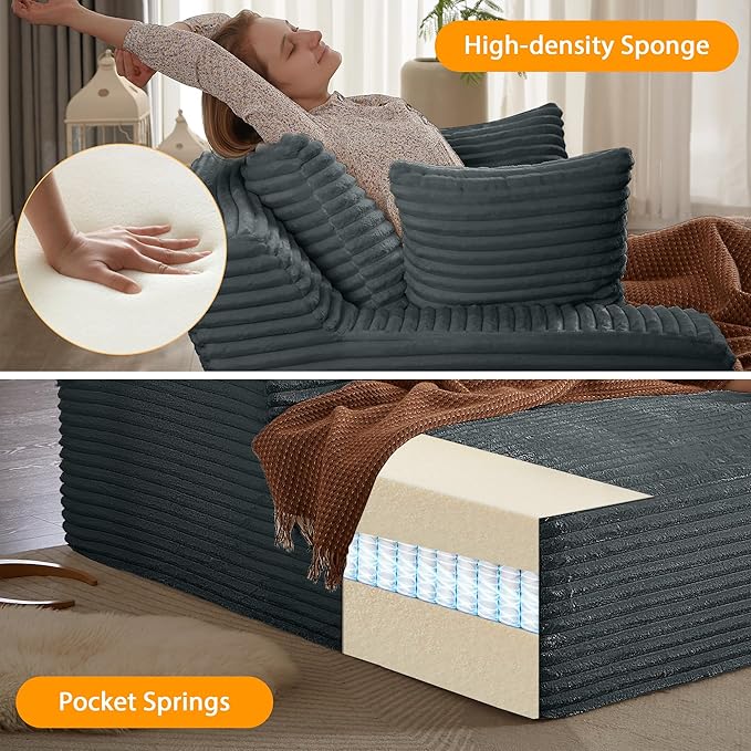 49.2" Oversized Chaise Lounge Daybed Plush Corduroy Upholstered Boneless Memory Foam Cloud Couch Sofabed, Lazy Lounger Chairs with Deep Seat, No Assembly Required Cloud Comfy Couches for Living Room