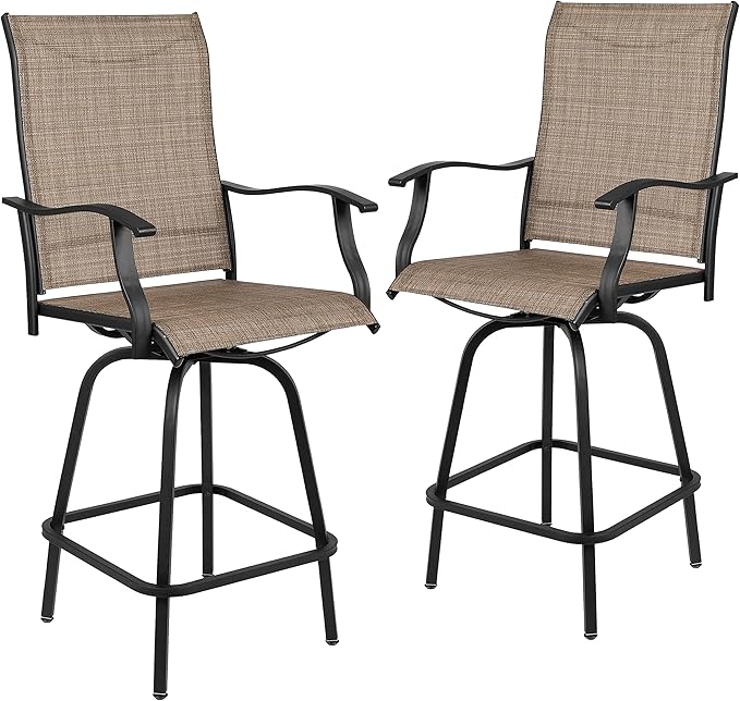 Flash Furniture Valerie Patio Bar Height Stools Set of 2, All-Weather Textilene Swivel Patio Stools with High Back & Armrests in Brown