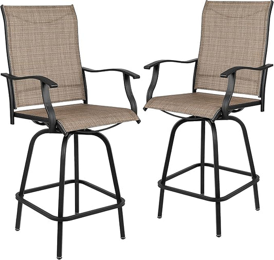 Flash Furniture Valerie Patio Bar Height Stools Set of 2, All-Weather Textilene Swivel Patio Stools with High Back & Armrests in Brown