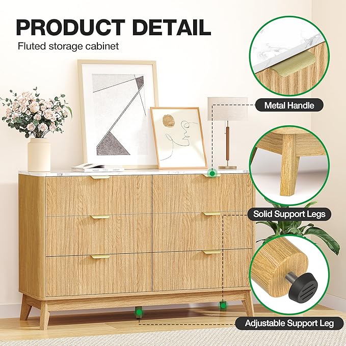 Pamapic 47" Sideboard Buffet Cabinet with Storage, Fluted Storage Cabinet with 6 Drawers, Modern Credenza with Faux Marble Top, Wood Buffet Console Table for Living Room, Hallway, Natural
