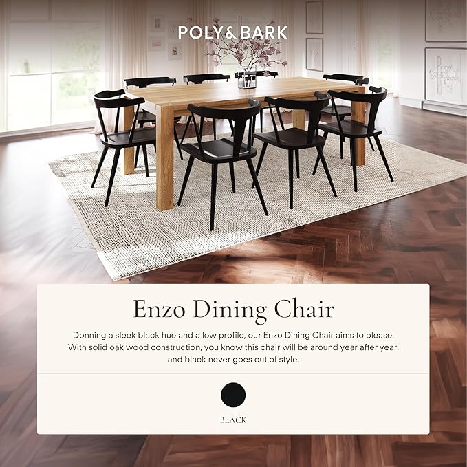 Poly & BARK Mid Century Modern Enzo Black Dining Chair – Solid Oak Wood Splat Back Chair, 18" Seat Height, 32" Tall – Stylish MCM Kitchen & Dining Room Chair - Set of 3