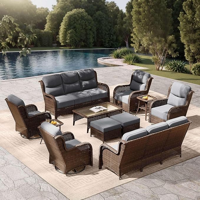 High Back Outdoor Furniture with Extra Thick Cushion Patio Swivel Rocking Chairs, Comfort 3-Seat Sofa, 11PCS Oversized Wicker Conversation Set for Porch, Deck, Yard in Dark Gray
