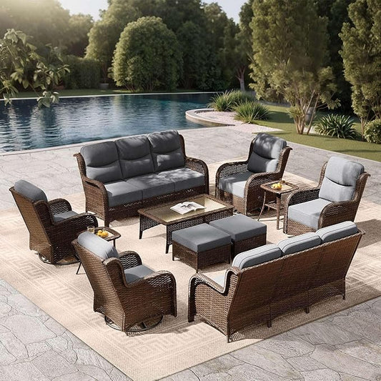 High Back Outdoor Furniture with Extra Thick Cushion Patio Swivel Rocking Chairs, Comfort 3-Seat Sofa, 11PCS Oversized Wicker Conversation Set for Porch, Deck, Yard in Dark Gray