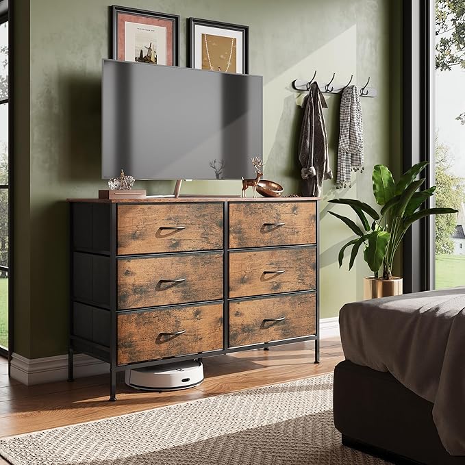 WLIVE Dresser for Bedroom with 6 Drawers, Wide Dresser TV Stand for 50 Inches TV, with Fabric Drawers, Metal Frame, Wooden Top, Storage Dressers for Bedroom, Hallway, Entryway, Rustic Brown