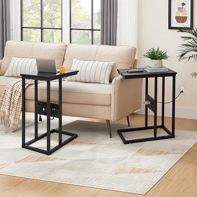 VECELO C-Shaped End Side Table Set of 2, with Charging Station & Two USB Ports and Outlets for Living Room, Bedroom, with Adjustable Feet for Couch/Sofa, Bedside, Small Spaces， Black