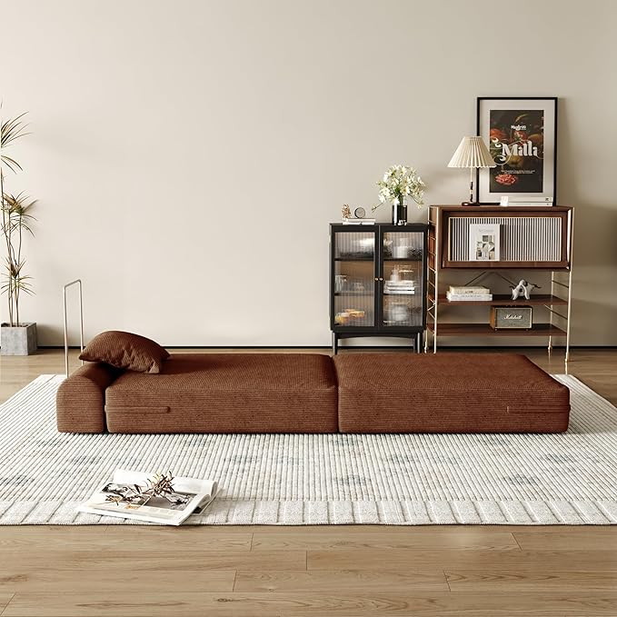 31.5'' Convertible Compressed Corduroy Folding Cloud Sofa Bed Set of 2, 2 Pieces Modern Boneless Pull Out Sleeper Sofa Couch, 3 in 1 Portable Lazy Floor Lounge Chair Set, No Assembly Needed, Caramel