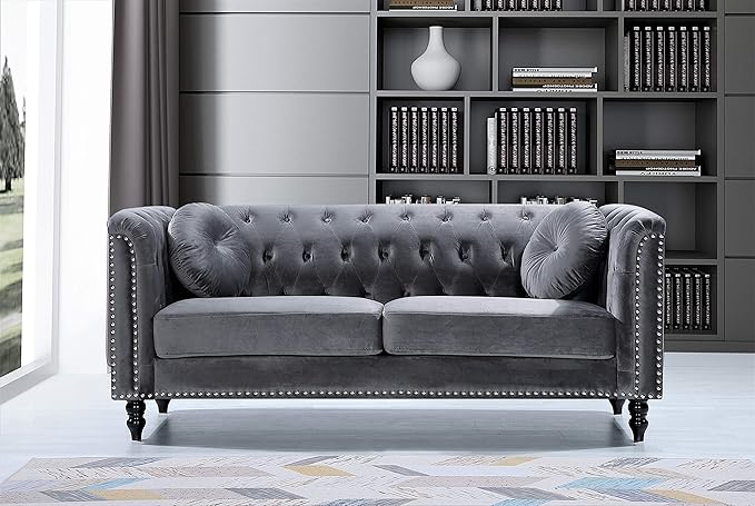 Container Furniture Direct S5370-S Kittleson Velvet Upholstered Modern Chesterfield Sofa with Nailhead Trim, Gray