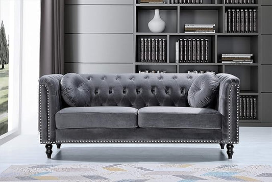 Container Furniture Direct S5370-S Kittleson Velvet Upholstered Modern Chesterfield Sofa with Nailhead Trim, Gray