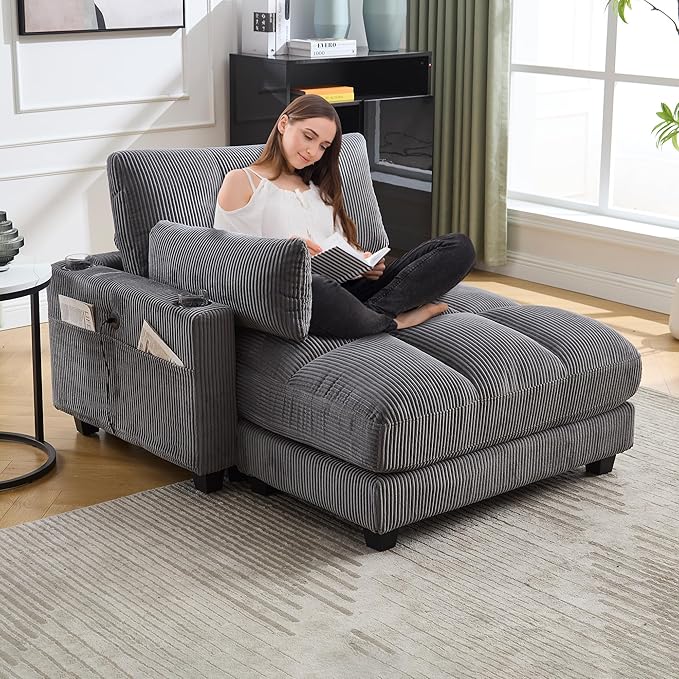 Oversized Lounge Chaise Convertible Sleeper Sofabed, Corduroy Sleeper Daybed Indoor Recliner Chair Sofa Bed with Cupholders and Adjustable Headrests for Living Room Bedroom Reading Home Apartment