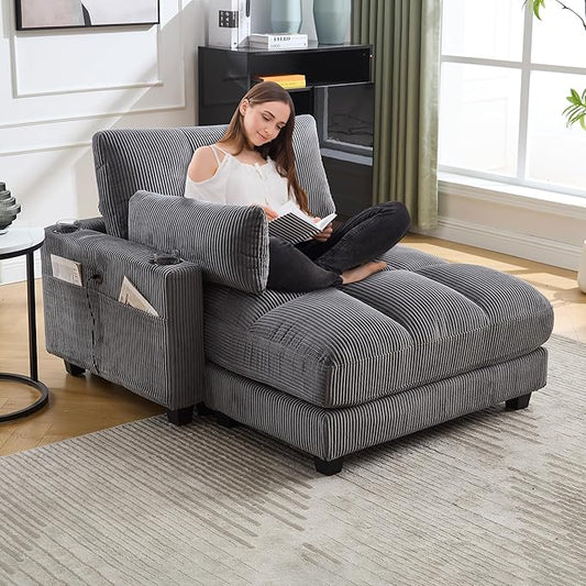 Oversized Lounge Chaise Convertible Sleeper Sofabed, Corduroy Sleeper Daybed Indoor Recliner Chair Sofa Bed with Cupholders and Adjustable Headrests for Living Room Bedroom Reading Home Apartment
