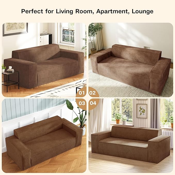 Swbvs Sofa-in-a-Box, Memory Foam 3-Seater Couch, No Installation & Easy to Transport, Deep Seat Modern Sofa with Corduroy Fabric, Couch for Living Room, Bedroom, Apartment, Home Office, Brown