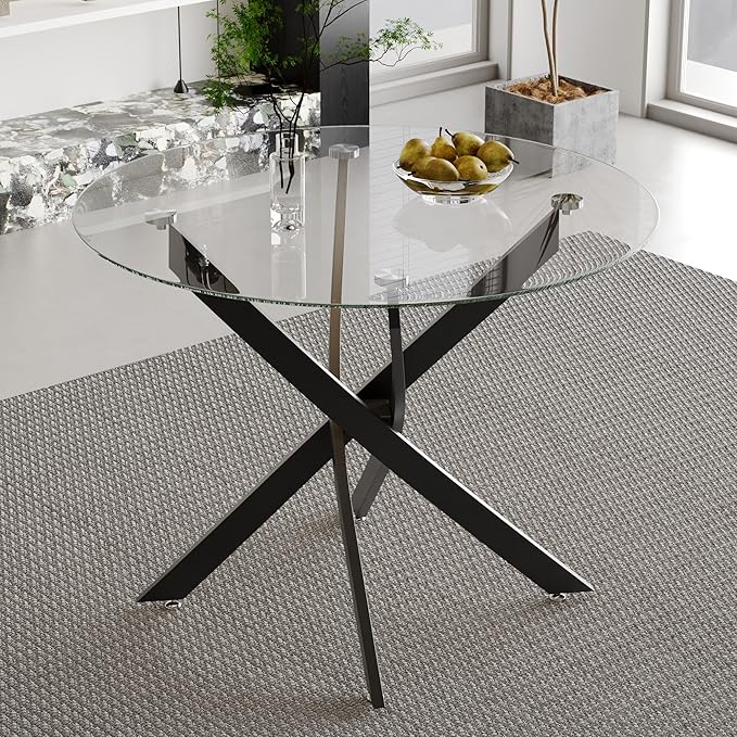 Round Glass Dining Table with Crossed Metal Legs, 31.5" Modern Glass Kitchen Table for Dining Room Kitchen, Black