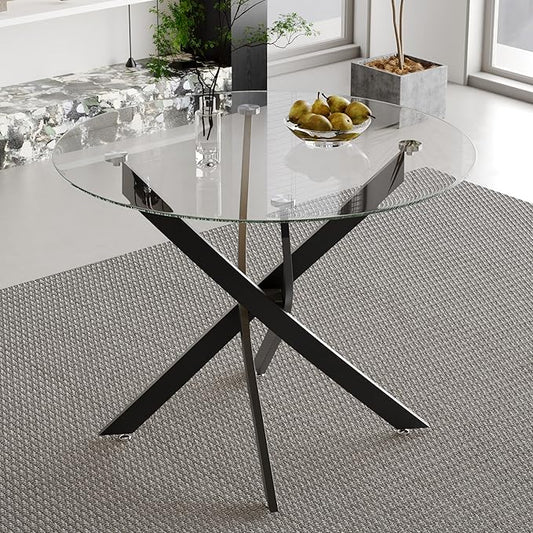 Round Glass Dining Table with Crossed Metal Legs, 31.5" Modern Glass Kitchen Table for Dining Room Kitchen, Black