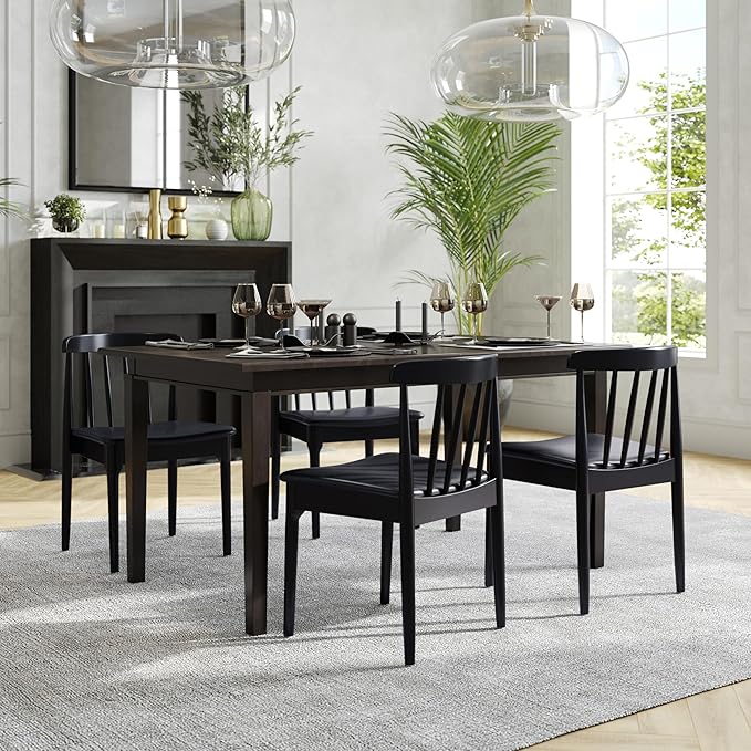 Flash Furniture Chester Solid Wood Dining Chair, Commercial Grade Restaurant Chair with Curved Spindle Backrest and Vinyl Padded Seat, Set of 2, Black/Black