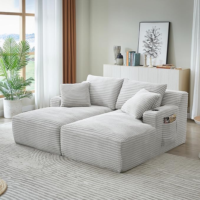 KEIKI Compressible Double Chaise Lounge with Cupholders, Space-Friendly Corduroy Sleeper Loveseat for Apartments, Boneless Chaise Lounge Indoor with Spring Padding, Easy Setup, No Assembly