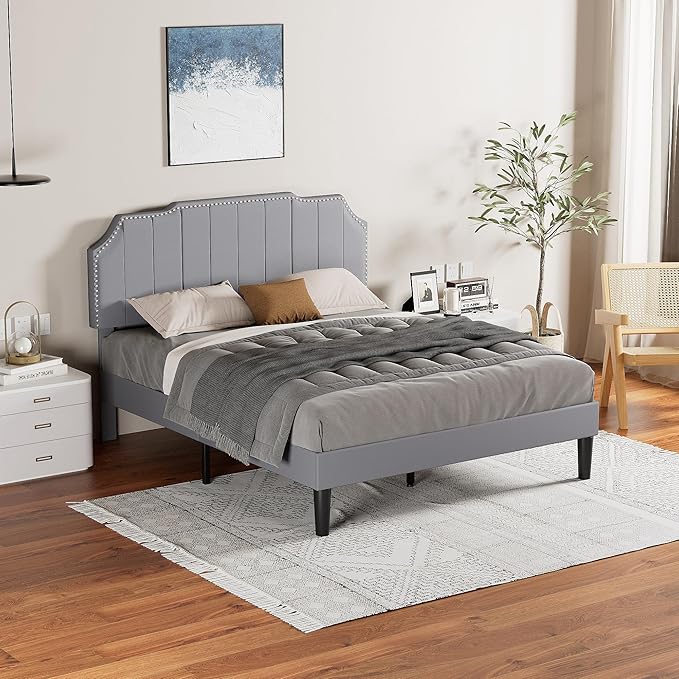 VECELO Queen Bed Frame Upholstered Platform with Tufted Adjustable Headboard/Mattress Foundation/Wood Slat Support,Easy Assembly,Dark Grey