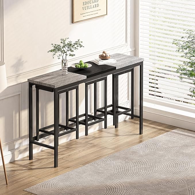 Merax 4 Piece Block-Color Pub Dining Table Set,Modern Bar Table Set with 60.24 Long Dining Table w/Hanging Stool Design and 3 Stools,for Breakfast Nook Living Room Small Space Restaurant,Grey+Black