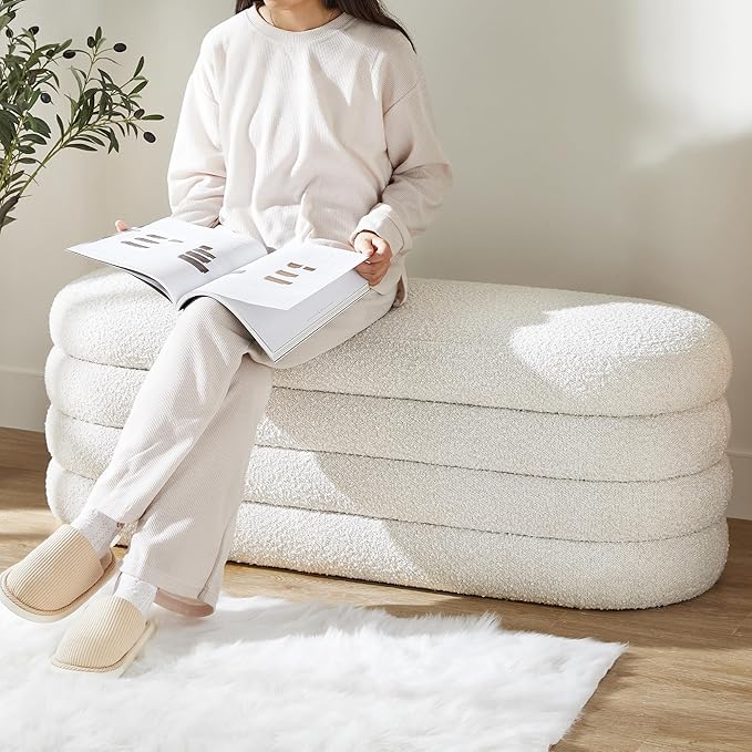 Boucle Storage Ottoman Bench for Bedroom 49.2 Inch Upholstered Modern Bedroom Bench with Storage Oval Large End of Bed Bench with Storage for Living Room, Entryway(Ivory)