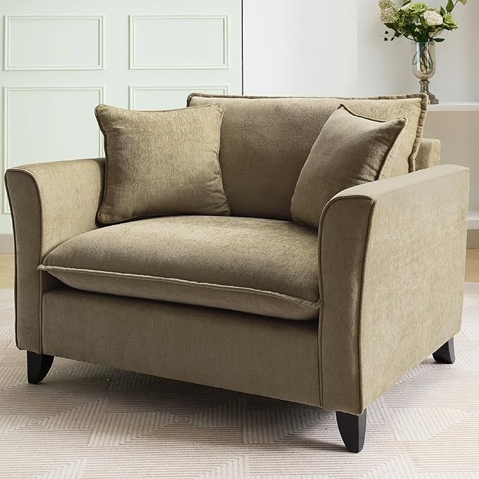 Merax 46.9 Inch Chenille Armchair, Luxury Oversized Accent Arm Chair with 2 Pillows, Modern Single Cloud Lounge Sofa Chair, Comfy Deep Seating for Office Apartment Living Room, Easy Assembly, Green