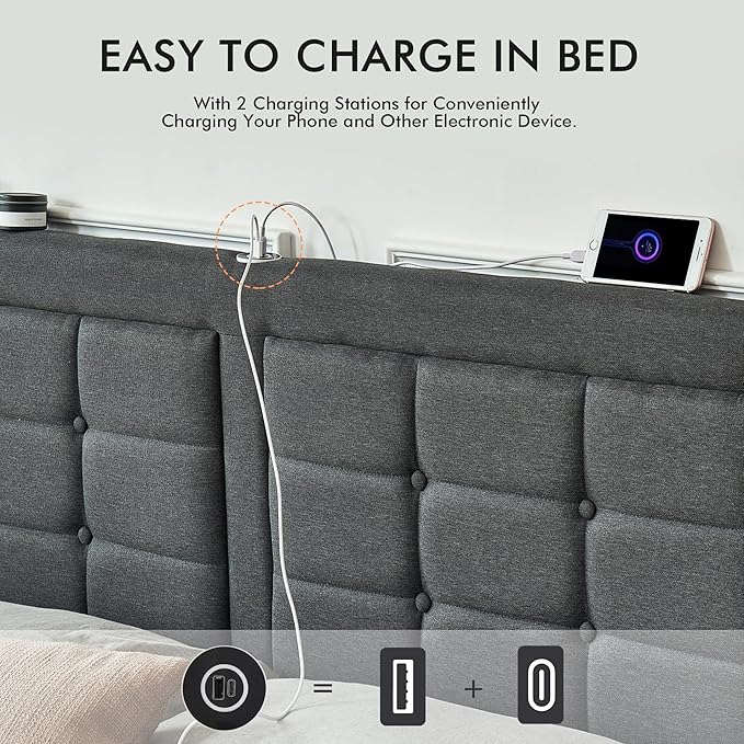 VECELO Queen Size Bed Frame with 4 Drawers, Adjustable Tufted Button Headboard, Upholstered Platform with Wood Slats Support, Built-in USB and Type C Ports, Dark Gray