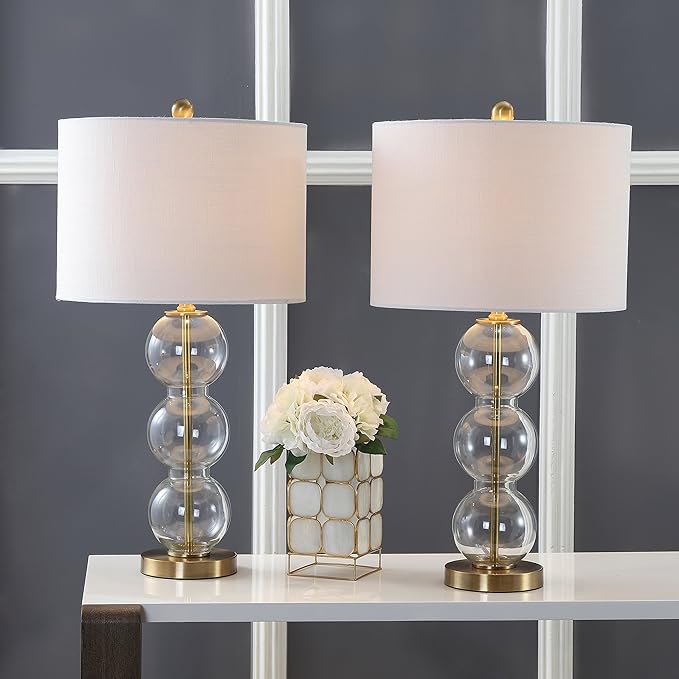 JONATHAN Y 27" Clear/Brass Triple-Sphere Glass Table Lamp Set of 2, Bedside, White Linen Shade, Modern Table Lamps for Living Room, Bedroom, Office, LED Bulbs Included JYL1070A-SET2