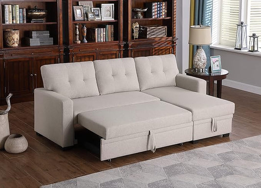 ACQCA 82" L-Shape Sleeper Sectional Sofa with Storage Chaise and Pull-Out Bed,Convertible Sofa Bed Sectional Couch for Living Room,Apartment,Office,Beige
