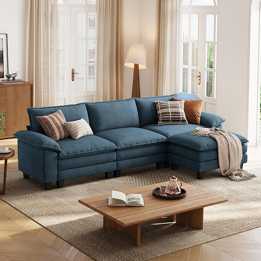 LINSY HOME 123'' Modular Sectional Sofa Blue Couch Corduroy Cloud Couches for Living Room, L Shaped Couch with Movable Ottoman, Modern Cloud Sectional Sofas for Bedroom and Apartment, Blue