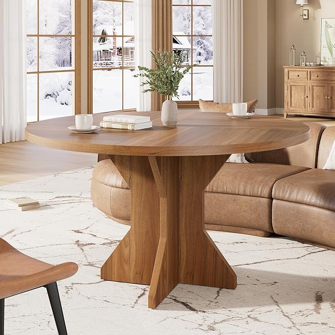 IDEALHOUSE Round Dining Table, 47" Kitchen Table for 4-6 People, Circle Tables with Sturdy Pedestal Base, Space Saving Dinning Room Furniture for Living Room, Kitchen, Apartment