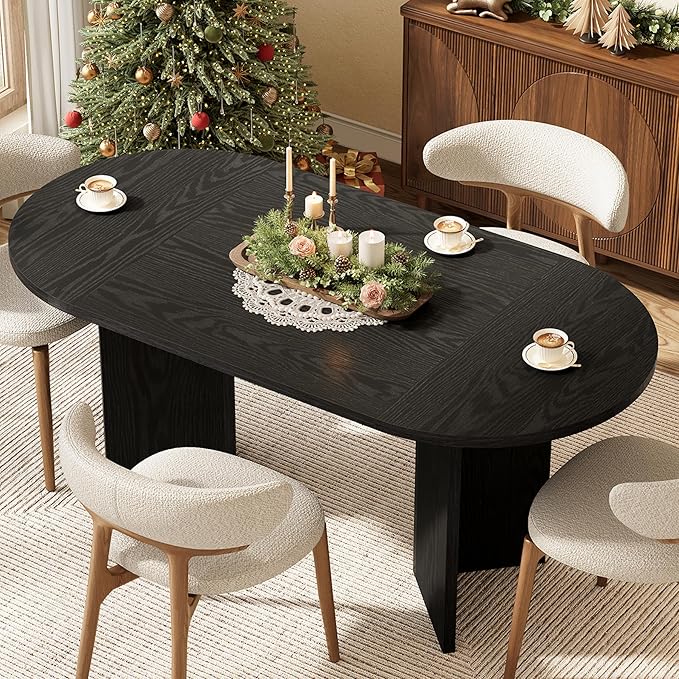 LITTLE TREE 63" Rustic Oval Dining Table for 4-6, Sturdy MDF Farmhouse Kitchen Table with Metal Strip Base, for Living Room, Office, Restaurant, Multi-Use, Black
