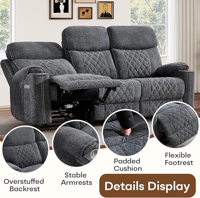 HAOMARKETS 3-Piece Power Recliner Sofa Set with Charging Port, Include 2 2-Seater Loveseat Reclining Couches with Hidden Storage and Cup Holders and 3-Seater Recliner Couch for Living Room, Dark Grey