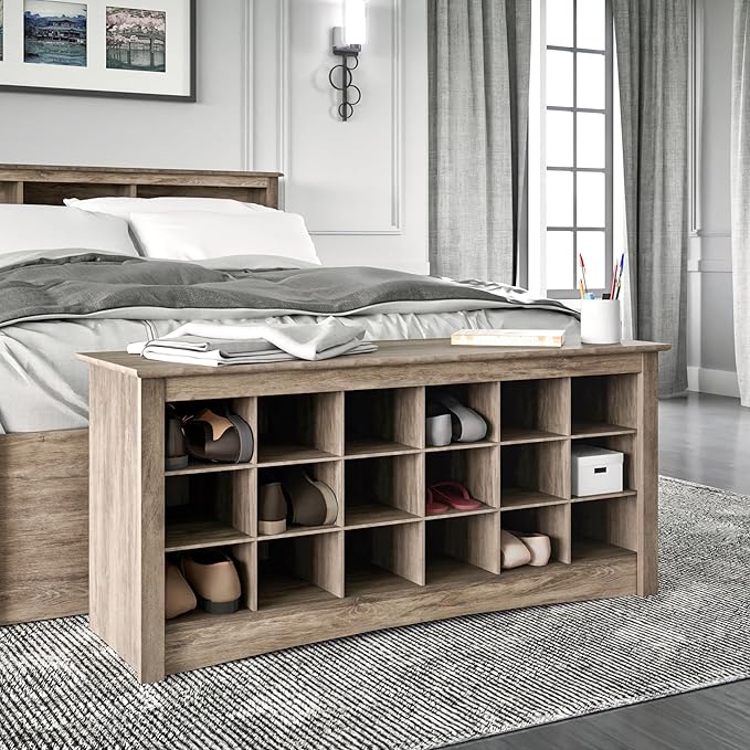 Prepac Gray Shoe Cabinet, Entryway Bench, Mud Room Organization and Storage Bench with 18 Shoe Cubbies 16"D x 48"W x 24"H