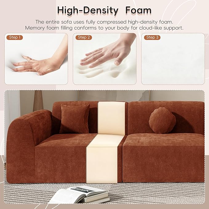 Merax 140" Curved Polyester Sectional Sofa Set, 7 Seat Modern Cloud Couch with Chaise Lounge,3 Pillows, Fully Assembled for Living Room, Orange
