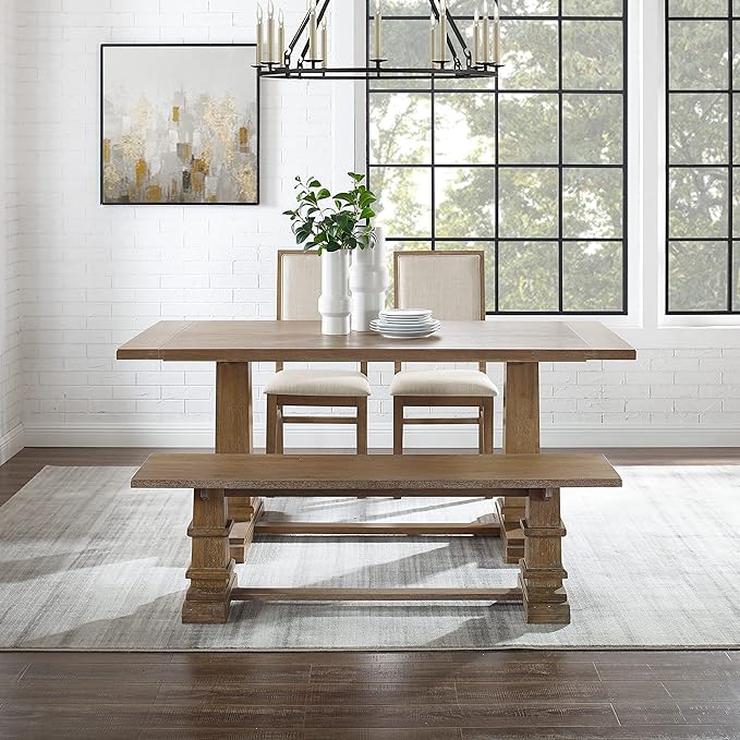 Crosley Furniture Joanna 4-Piece Modern Farmhouse Dining Table Set for 5 with 2 Upholstered Chairs and a Wood Bench, Rustic Brown/Creme