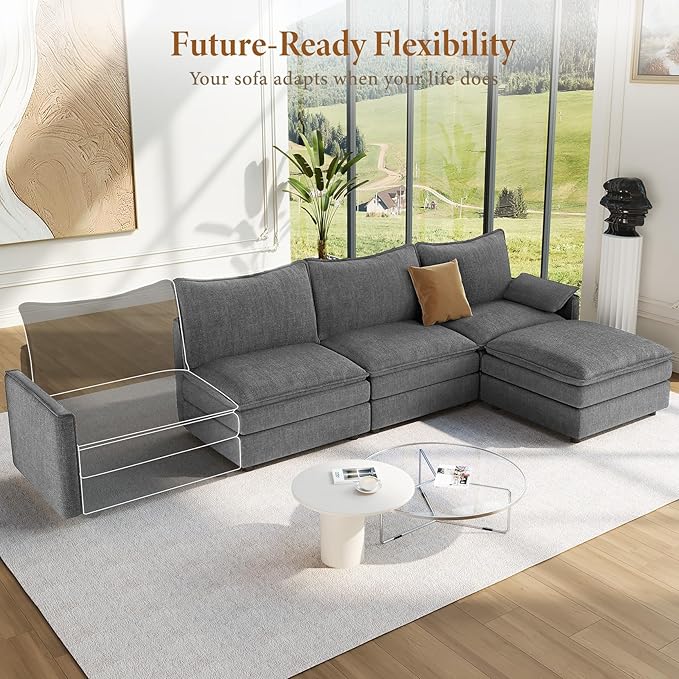 Vesgantti 108" Modular Sectional Sofa, Comfy Cloud Couch with Movable Ottoman Deep Seat Chenille L Shaped Modular Sofa, Sectional Couches for Living Room, Bedroom and Apartment, Gray | Sink-in Comfort, Height Adjustable, Easy Rearrangement, Extra-deep ...