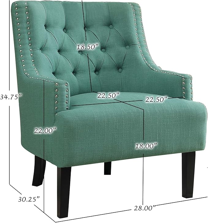 Homelegance Accent Chair, Chenille Upholstered Armchair, Sloped Arms, Button Tufted Cushion Back, Nailhead Trim, Solid Wood Legs, Single Sofa Chair for Living Room, Office, Bedroom, Teal