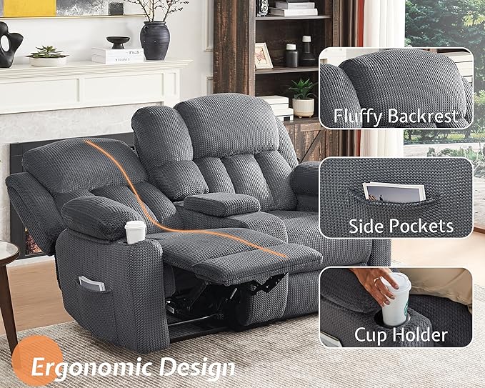 Jocisland Manual Recliner Couch, 3 Seater Reclining with Cup Holders, Console with Charging Socket, Comfy Recliner Sofas for Living Room (Grey)