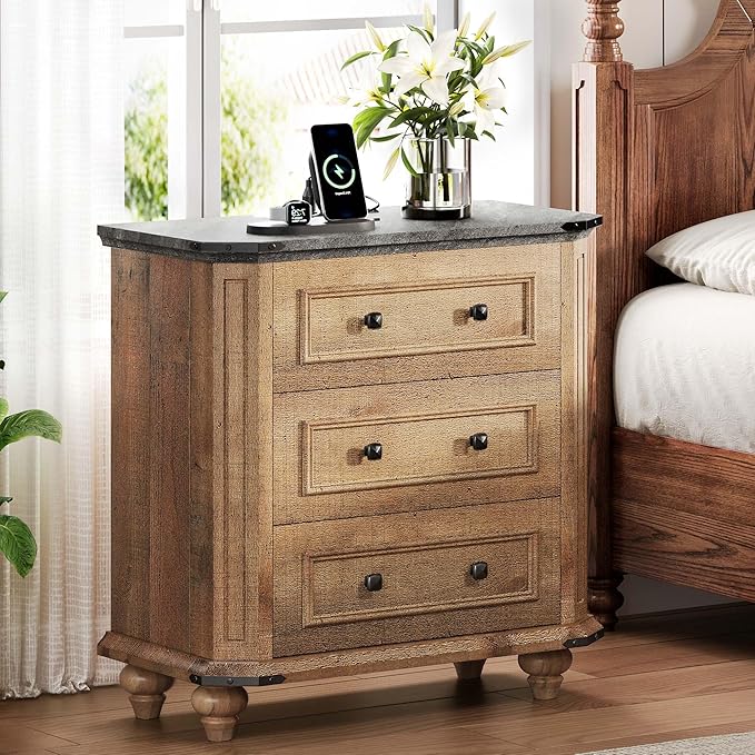 DWVO Nightstand Set of 2 with Charging Station, 29" Wide Farmhouse Bedside Table with 3 Drawers, Wood Night Stand w/Storage, Rustic Bed Side End Table for Bedroom Dorm Small Space, Brown