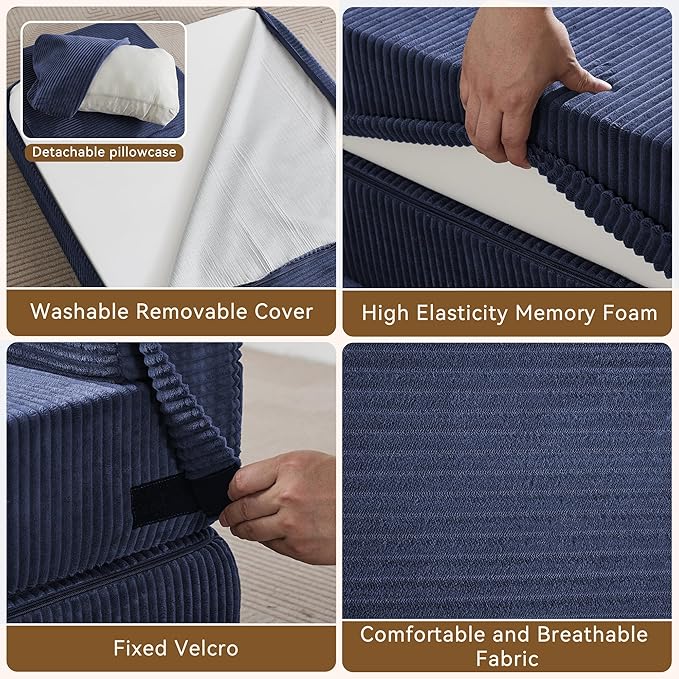 WUTUTUEE Folding Sofa Bed Convertible Floor Couch Foldable Chair Bed with Pillow，Linen Sleeper Chair Futon,Foldable Memory Foam Mattress for Bedroom/Living Room/Dorm/Office (Corduroy Navy, Single)