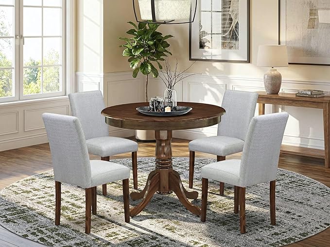 East West Furniture ANAB5-AWA-05 5 Piece Kitchen Table & Chairs Set Contains a Round Dining Room Table with Pedestal and 4 Upholstered Chairs, 36x36 Inch, Antique Walnut