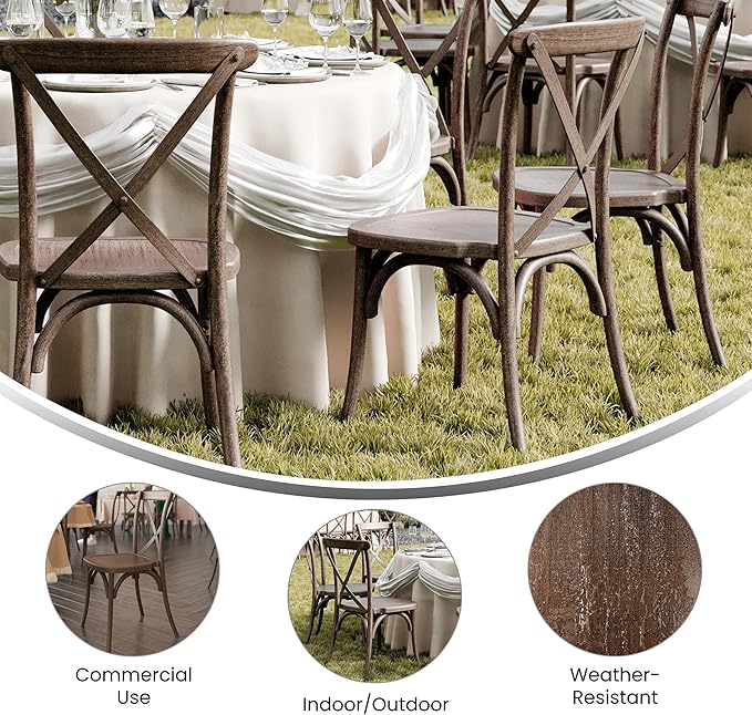 Flash Furniture Hercules Commercial Indoor/Outdoor Cross Back Chair, Wood Look, Weather-Resistant, Lightweight Design, Versatile Use, Dark Brown