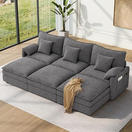 Vesgantti 108" Sectional Sleeper Sofa, 6-Seater Oversized Modular Cloud Couch with Movable Ottoman, Chenille Large Sofa Bed Convertible Deep Seat Couches for Living Room, Bedroom and Apartment, Gray | Sink-in Comfort, Extra-deep Ottoman, Solid Wood Fra...