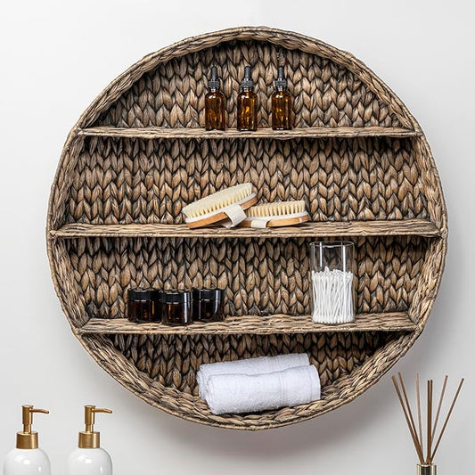 happimess WRK1000B Annulus 24.61" 3-Shelf Circular Handwoven Hyacinth Wall Rack, Bright Brown for Storage and Decoration in Bathroom, Bedroom, Living Room