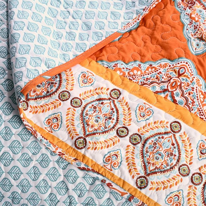 Lush Decor Harley Reversible Quilt Set, 5 Piece Set, King, Tangerine - Boho Bedding Set - Orange Quilt - Bold & Colorful Paisley Quilt - Maximalist & Boho Bedroom Decor